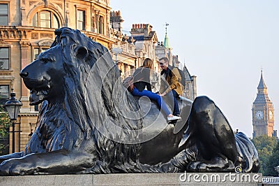 Trafalgar Square lion, London Editorial Stock Photo