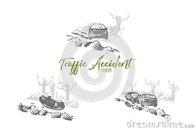 Traffic accident - broken cars at traffic accidents outdoors vector concept set Vector Illustration