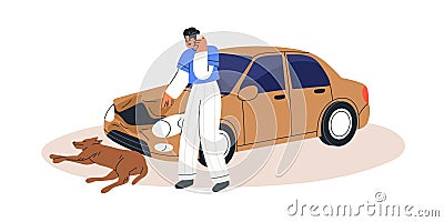 Traffic accident with man and injured dog lying on road. Car driver hit animal and calling for assistance. Transport Vector Illustration