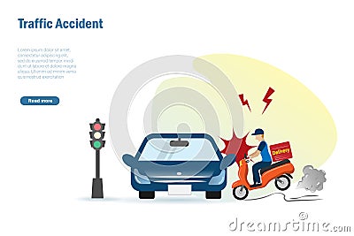 Traffic accident, motorbike crashing with car on street. Car accident and safety drive awareness concept Vector Illustration