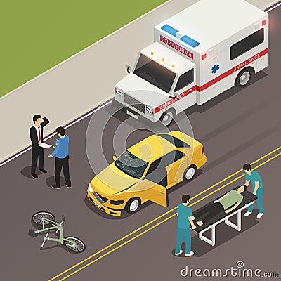 Traffic Accident Scene Isometric Composition Vector Illustration