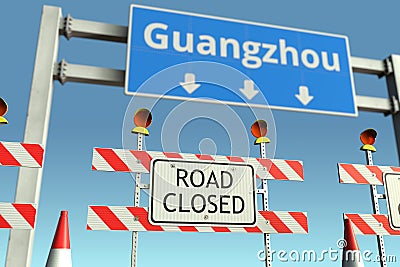 Traffic barricades near Guangzhou city traffic sign. Lockdown in China conceptual 3D rendering Stock Photo