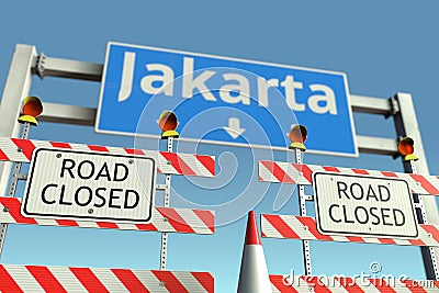 Traffic barricades near Jakarta city traffic sign. Coronavirus disease quarantine or lockdown in Indonesia conceptual 3D Stock Photo