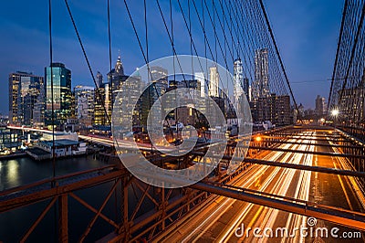 Traffic on the Brooklyn bridge with Lower Manhattan city skyline Editorial Stock Photo