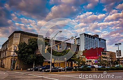 Traffic and buildings along North Avenue in Baltimore, Maryland. Editorial Stock Photo