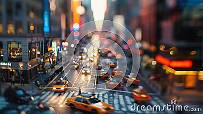 Traffic buzzes below in this bustling metropolis with cars and taxis zooming through the streets as the city lights Stock Photo