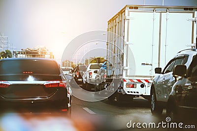 Traffic, cars on highway road on the countryside on sunset evening. car street road traffic transport, Cars on busy road driving Stock Photo