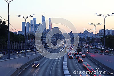 Traffic of cars in Moscow city center at night, Russia Editorial Stock Photo