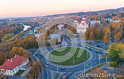 Traffic Circle and Church of St. Peter and St. Paul, Vilnius, Lithuania Stock Photo
