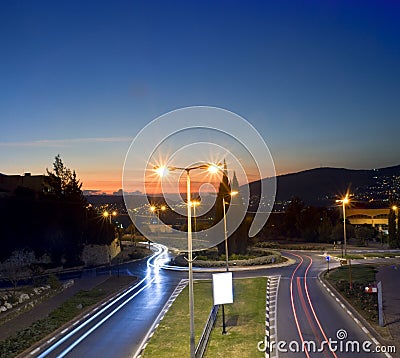 Traffic circle by night Stock Photo