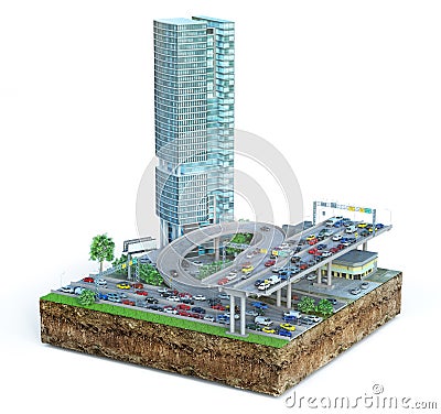 Highway in city. Piece of ground with roads. 3d illustration Cartoon Illustration
