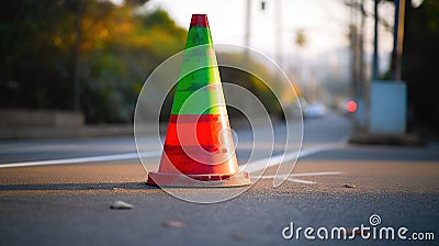 a traffic cone sitting on the side of a road next to a street Stock Photo