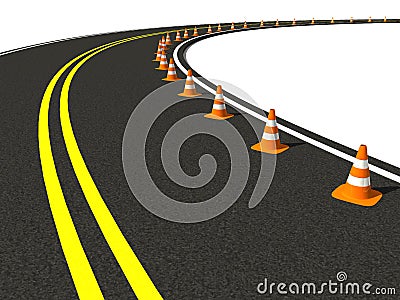 Traffic cone on winding road Stock Photo