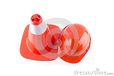 Traffic cone and worker Construction Helmet isolated on white background Stock Photo