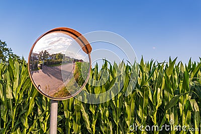 The traffic curve mirror in rural area due narrow road and poor visibility Stock Photo