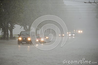 Traffic in heavy rain Stock Photo