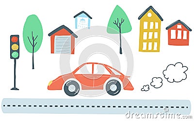 Traffic and house. transportation scenario, red car drives road throw houses and trees. vector illustration doodle Vector Illustration