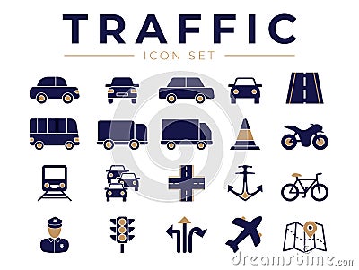 Traffic Icon Set with Car, Truck, Road, Motorcycle, Bicycle, Train, Airplane, Policeman, Marine, Bus, Map, Lights Icons Vector Illustration