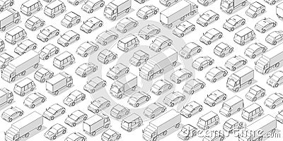 Traffic jam, car plug transport highway road. A lot of cars. Gray lines outline contour style with shadow. Background monochrome Cartoon Illustration