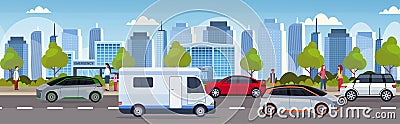 Traffic jam with cars and caravan trailer truck driving on city road modern cityscape background flat horizontal banner Vector Illustration