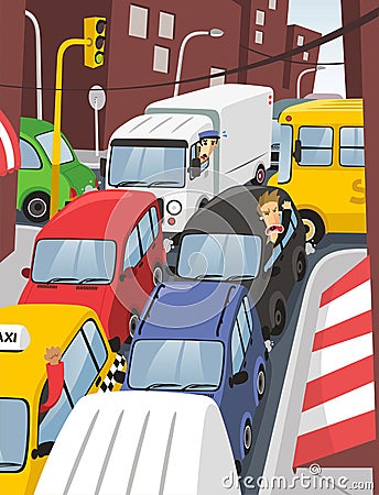 traffic jam in the city Cartoon Illustration