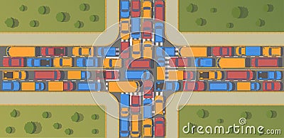 Traffic jam on crossroad. Large congestion of cars. Top view flat illustration. Vector Illustration