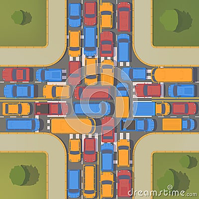 Traffic jam on crossroad. Large congestion of cars. Top view flat illustration. Vector Illustration