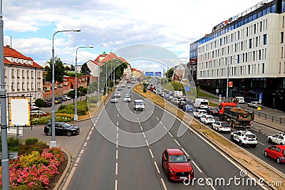 Traffic jam on highway. Cars and trucks drive along the multi lane road. Pilsen, Czech Republic Editorial Stock Photo