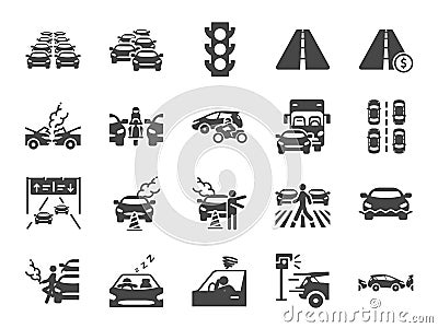 Traffic jam icon set. Included icons as congestion, transport, broken car, road and more. Vector Illustration