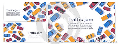 Traffic jam. Large congestion of cars. Web banner or poster design template. Vector Illustration