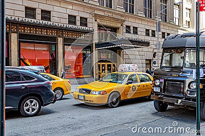 Traffic Jam in Manhattan, NYC, Yellow Taxi Cabs and delivery vehicle standing in a narrow street Editorial Stock Photo