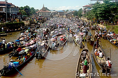 Traffic jam in Phaung Daw Oo Pagoda festival,Myanmar. Editorial Stock Photo