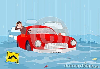Traffic jam and there is flood the way Vector Illustration