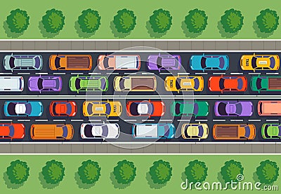 Traffic jam top view. Many cars on highway, different vehicles from above. Auto vector infographic Vector Illustration