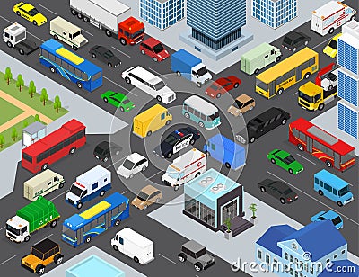 Traffic Jams on a City Landscape Background Scene Concept 3d Isometric View. Vector Vector Illustration