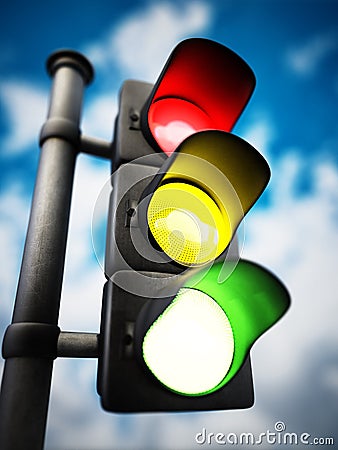 Traffic lamp with red, yellow and green lights on against blue background. 3D illustration Cartoon Illustration