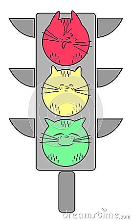 Traffic light with a cat. Red is an evil animal. Yellow - calm pet. Green - a joyful cat. Symbolic allegory. Vector illustration Cartoon Illustration