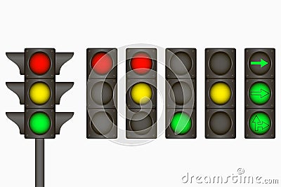 Traffic light. Electric sign for regulate traffic on the road with red, yellow, green lamps and arrows. Vector. Vector Illustration