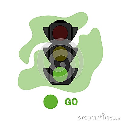 Traffic light illustration with green color. Flat green traffic light with color spot and text GO. Semaphore icon Vector Illustration