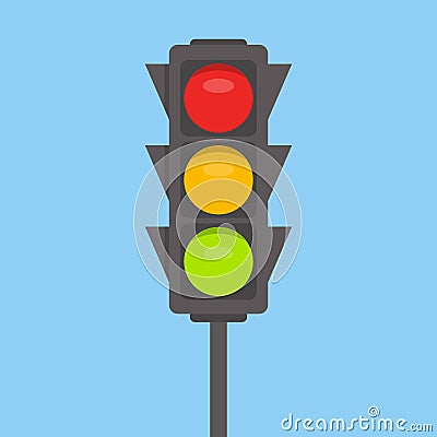 Traffic light isolated icon. Green, yellow, red lights vector illustration on blue sky background. Road Intersection Vector Illustration
