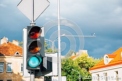 Traffic light at old town in Vilnius, Lithuania Stock Photo