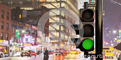 Traffic Light on pole, semaphore with green go signal on blur city at night background. 3d render Stock Photo