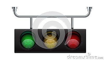 Traffic light. Realistic city stoplight. 3D hanging electric equipment for regulation transport moving. Vector glow of Vector Illustration