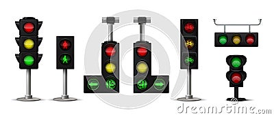 Traffic light. Realistic city stoplight with green yellow and red colors, hanging and standing 3D isolated semaphore Vector Illustration