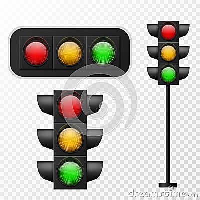 Traffic light. Realistic lights with three colors red, yellow and green. Street regulation system signals, road safety Vector Illustration