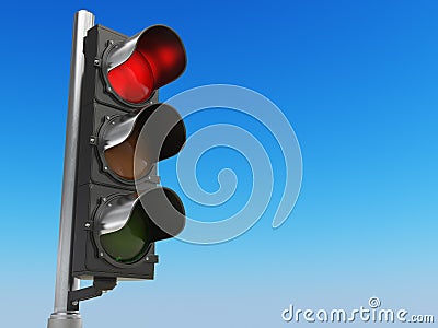 Traffic light with red color on blue sky background. Stop concept. Cartoon Illustration