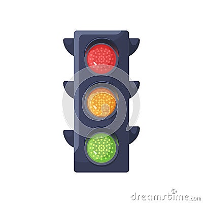 Traffic light with red, yellow, green signals. Stoplight with all led lamps on. Semaphore and electric stop, warn and Vector Illustration