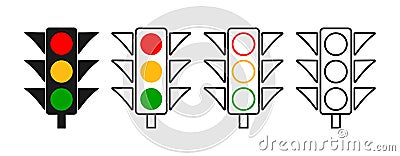 Traffic light. Road stoplight. Line icons. Red, yellow, green signals for safety on road. Stop and go. Traffic lamps on street for Vector Illustration