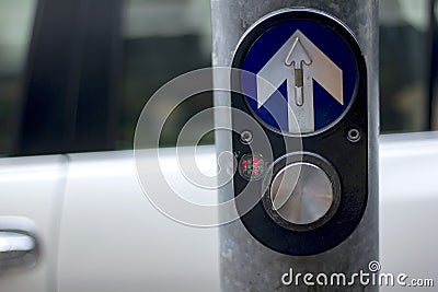 Traffic light switch At the pole for crossing the road. Stock Photo