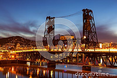 Traffic Light Trails on Steel Bridge Editorial Stock Photo